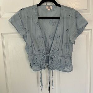 Light Blue Dizzy Lizzy Tie Eyelet Embroidered Top Size M